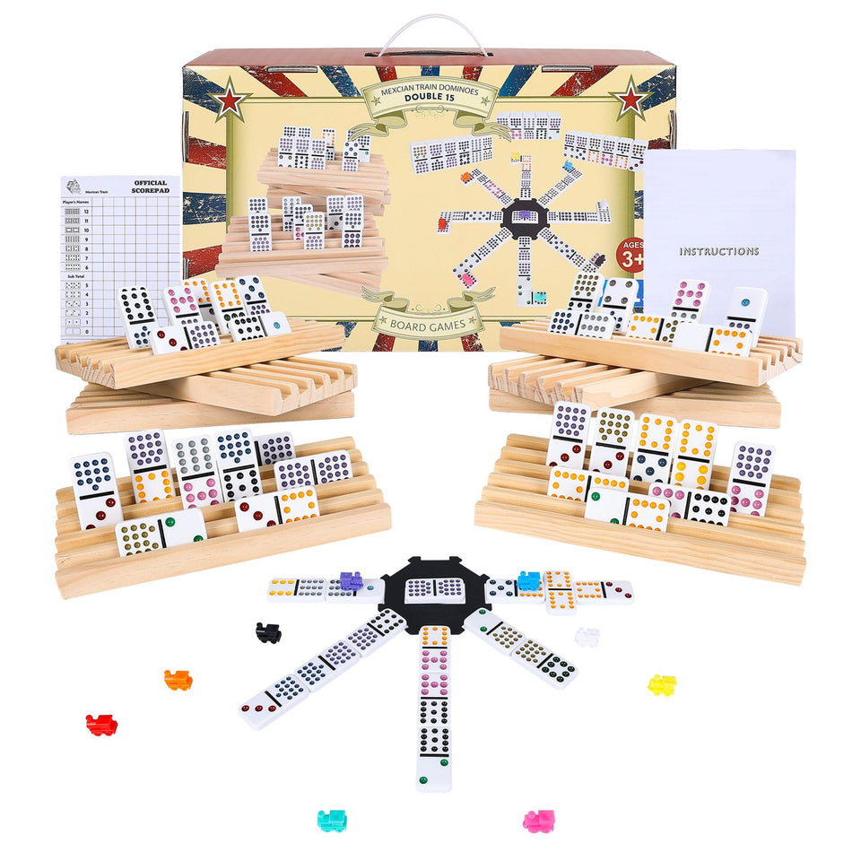 Gonoelec Mexican Train Dominoes set in tin box with components clearly displayed for easy setup.
