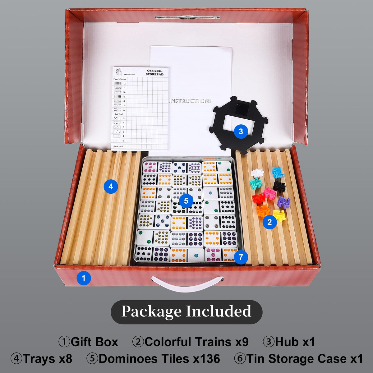 Compact tin storage box and carry case for Gonoelec dominoes, ideal for travel.