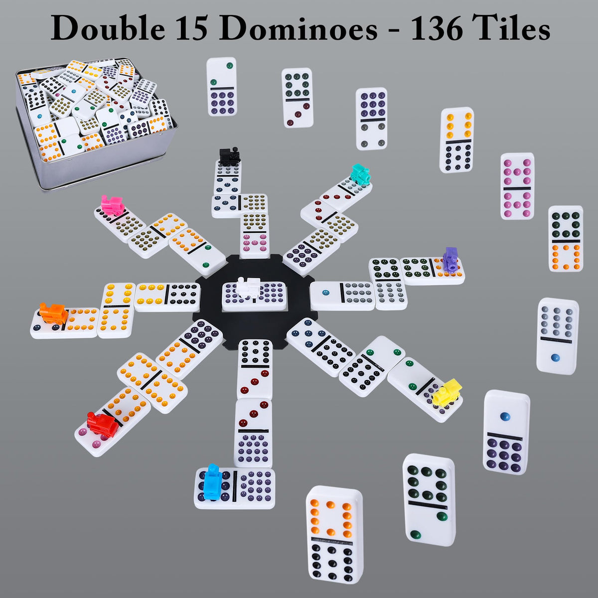Eight wooden trays from the Gonoelec set keeping dominoes organized on the table.