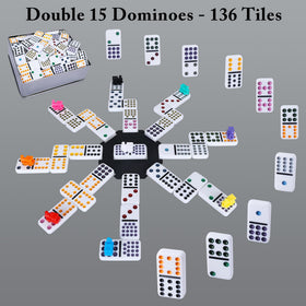 Eight wooden trays from the Gonoelec set keeping dominoes organized on the table.