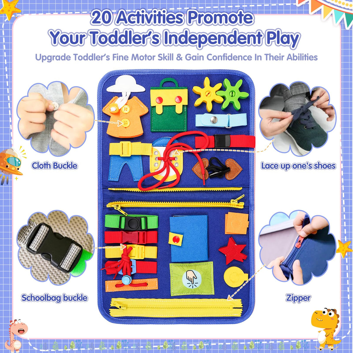 Goobaetoy Busy Board shoelace practice promotes independent dressing on the move