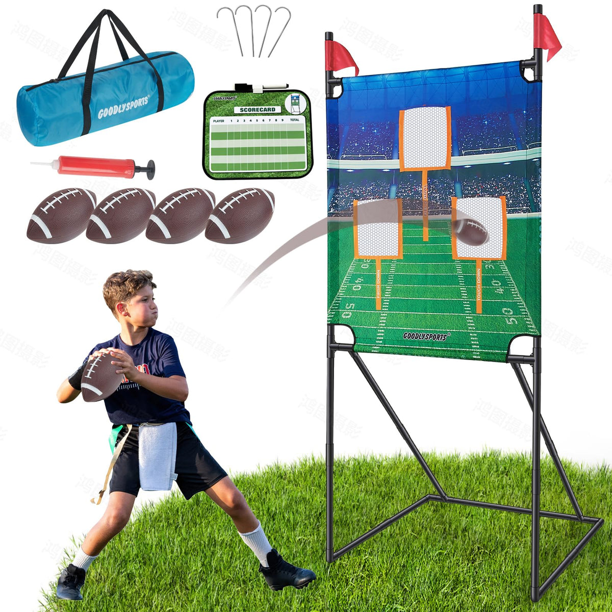 GOODLYSPORTS football toss game with inflatable balls for backyard play and skill improvement.