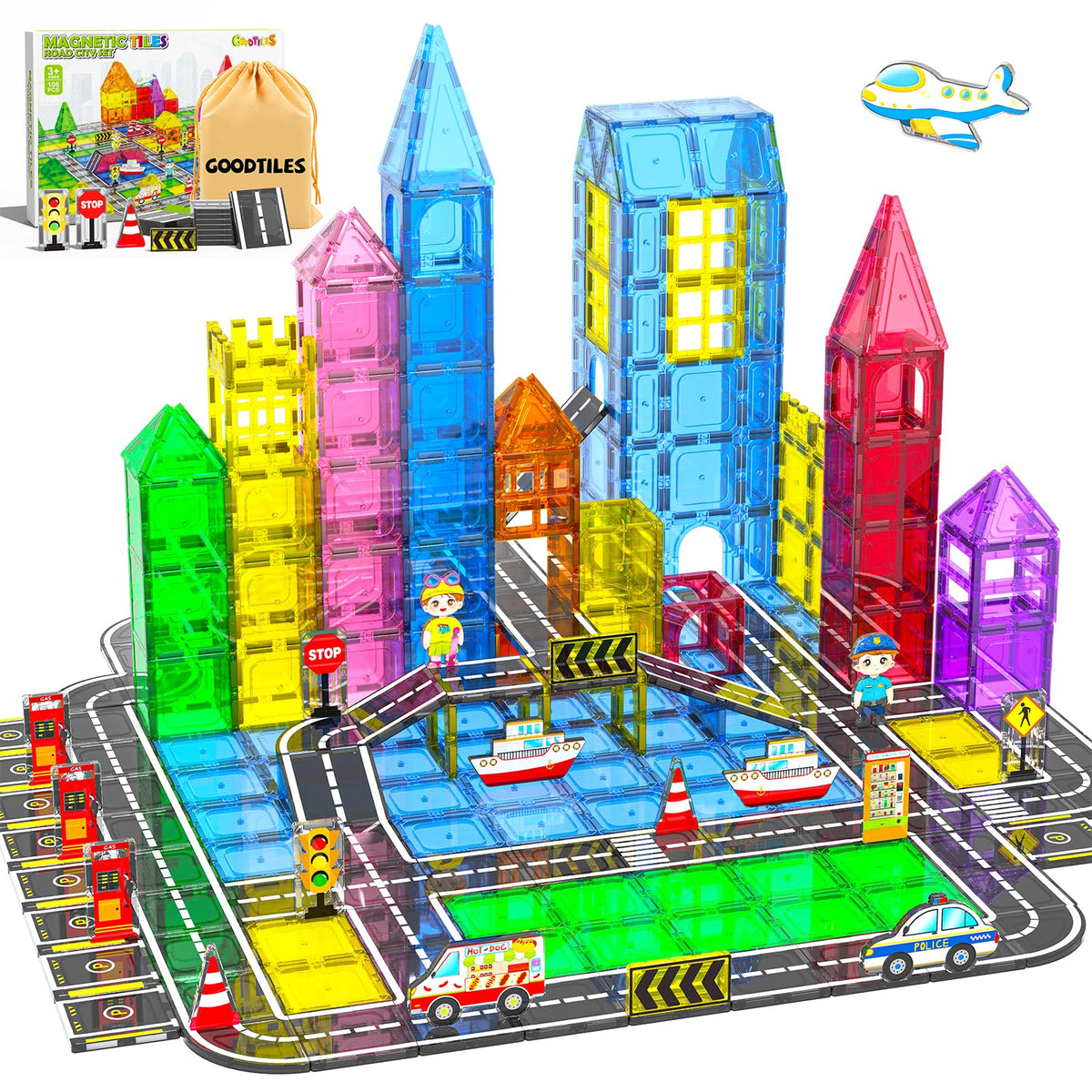 Goodtiles 106pc city-builder tiles closeup show translucent panels for vivid color play