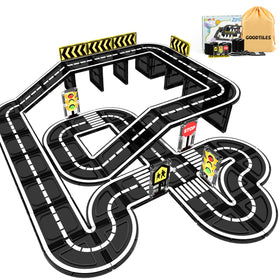 Goodtiles magnetic road expansion set with curved and straight roads enabling creative racing layouts.