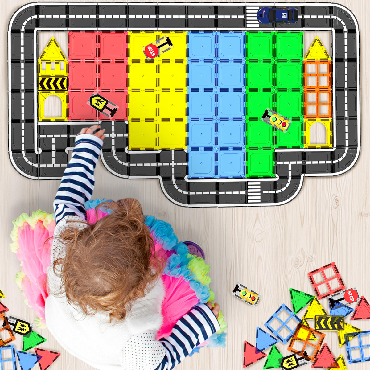 Goodtiles Magnetic Tiles Sidewalks provide colorful pathways for safe, exploratory grouping play.