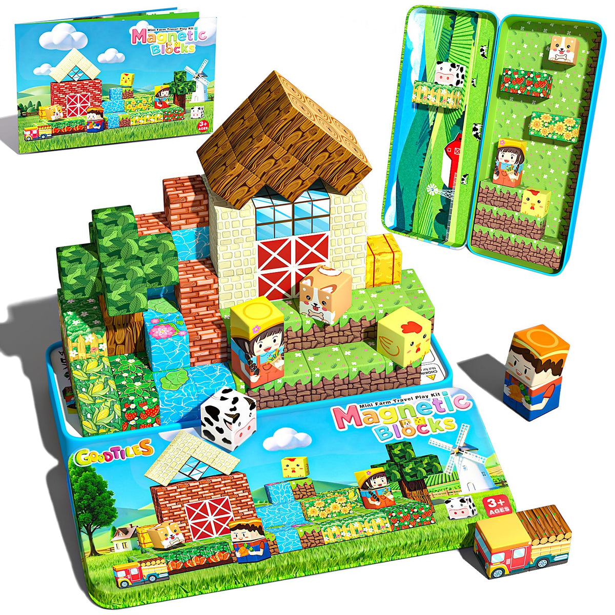 Goodtiles mini magnetic blocks with cows pattern for imaginative farm play and motor skill development.