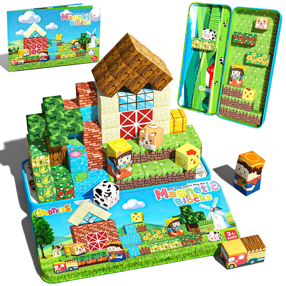 Goodtiles mini magnetic blocks with cows pattern for imaginative farm play and motor skill development.