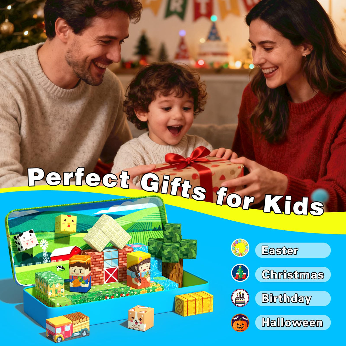 Goodtiles mini magnetic blocks kid hands building to encourage safe, imaginative play.