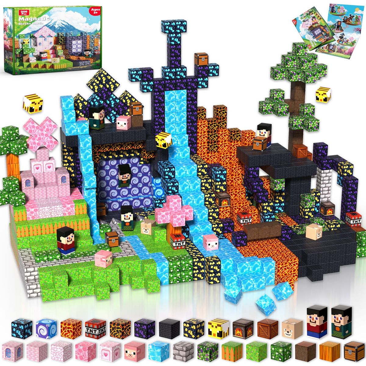 Goody King 200pcs magnetic blocks in forest and volcano scene for imaginative play
