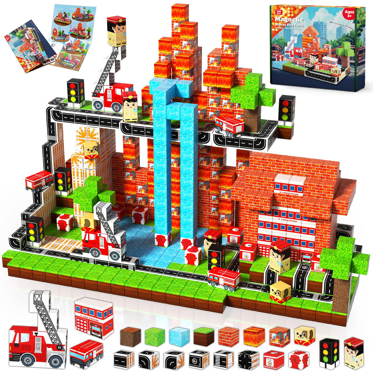Goody King magnetic blocks fire truck set for imaginative building play during downtime