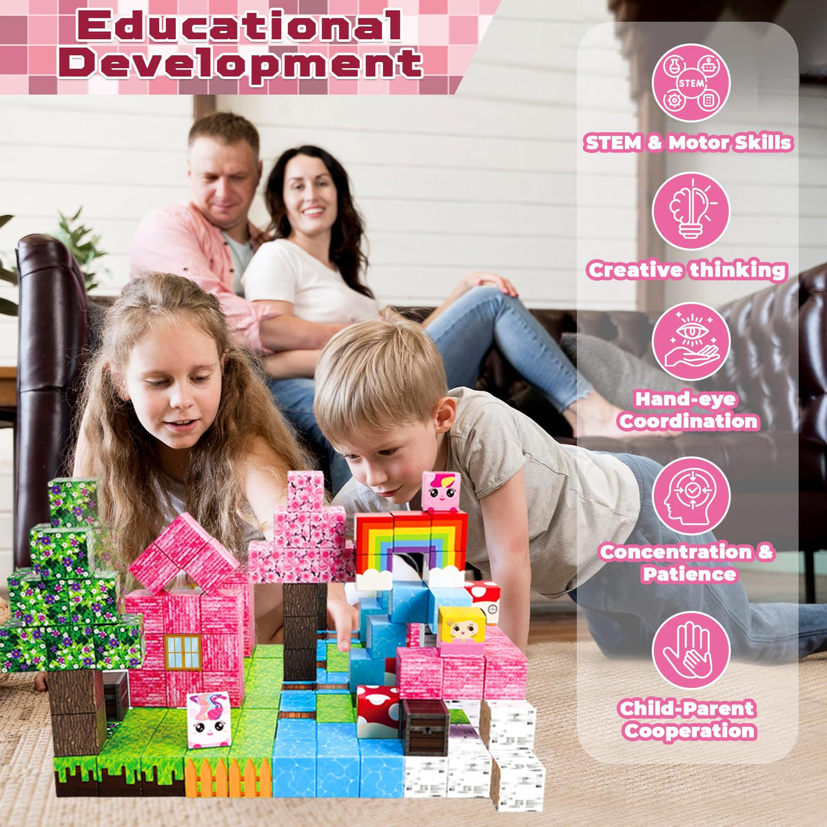 Goody King unicorn blocks support family STEM activities and cooperative play.