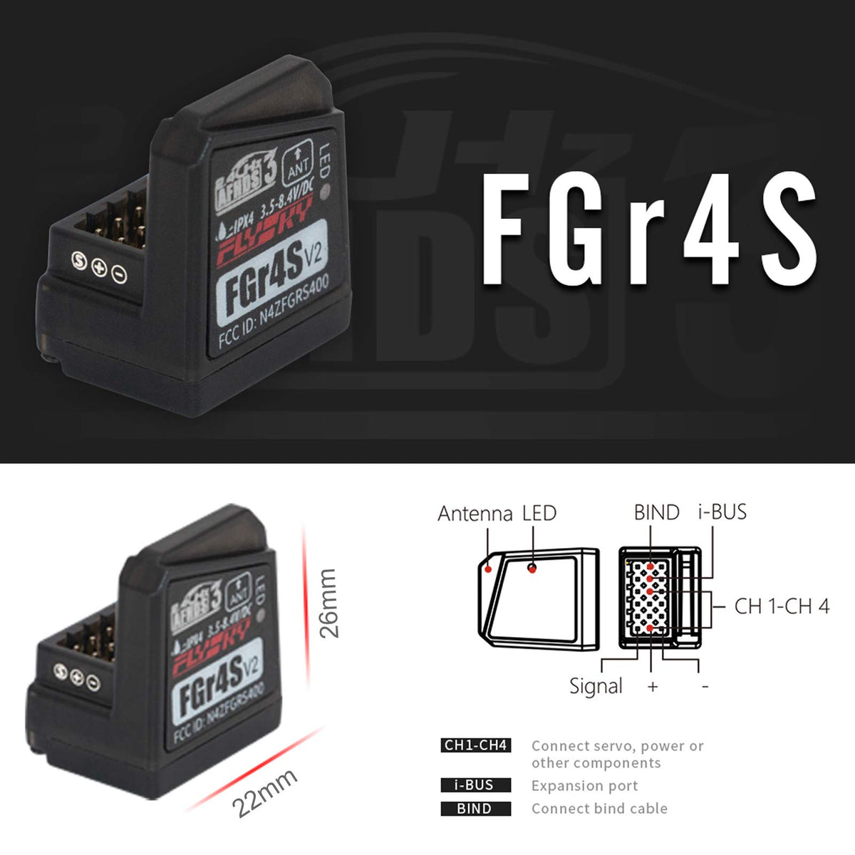 GoolRC FGr4S V2 receiver with single antenna for slim installation.