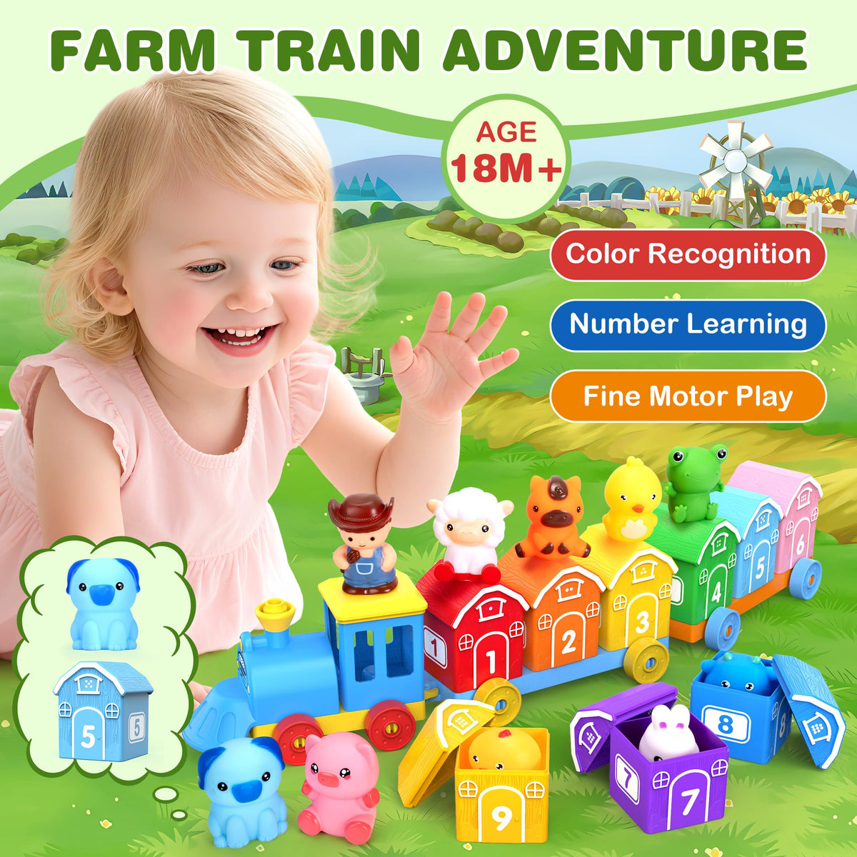 GooMags Montessori farm train barn 2 supports counting practice with bold digits