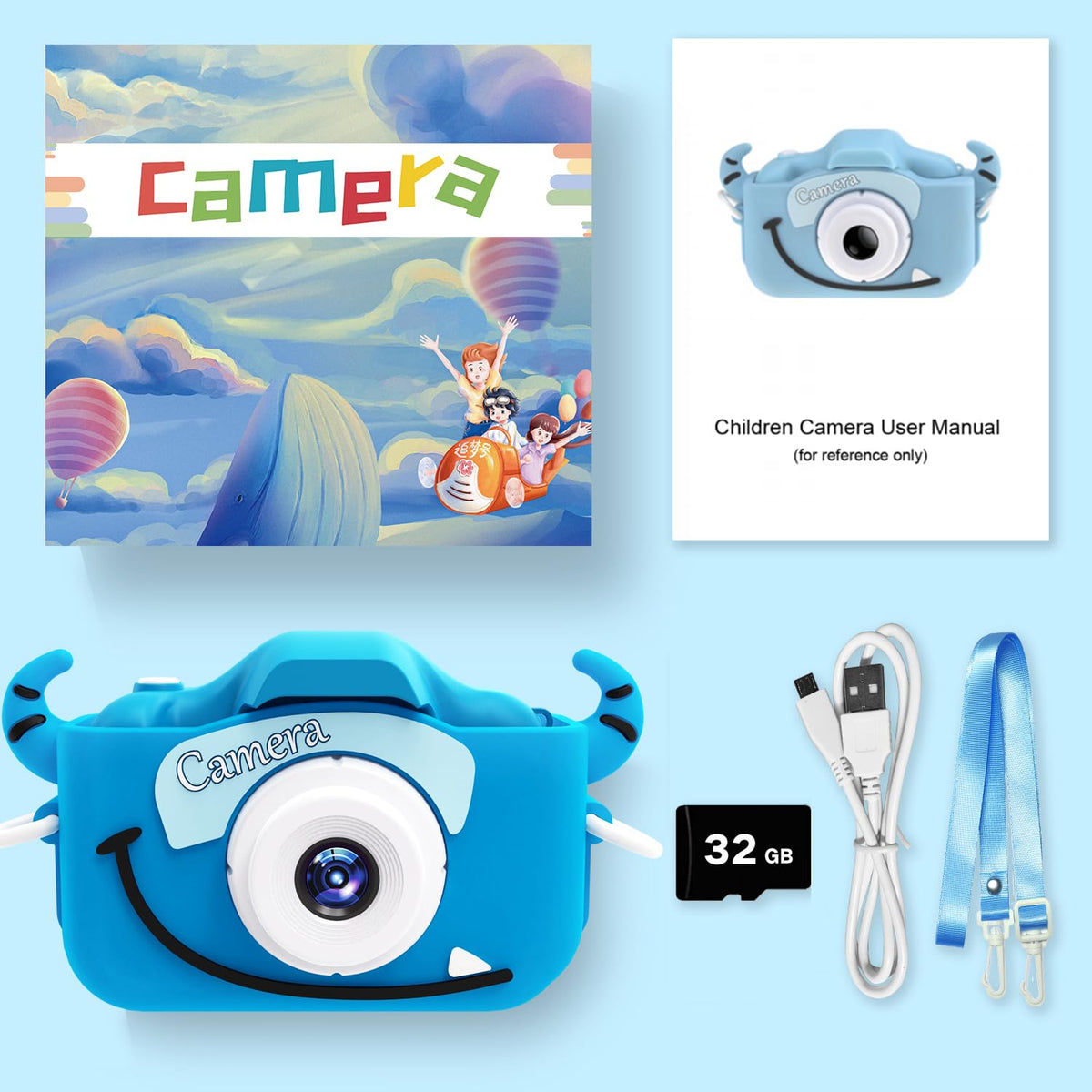Goopow Kids Camera packaging contents including 32GB card