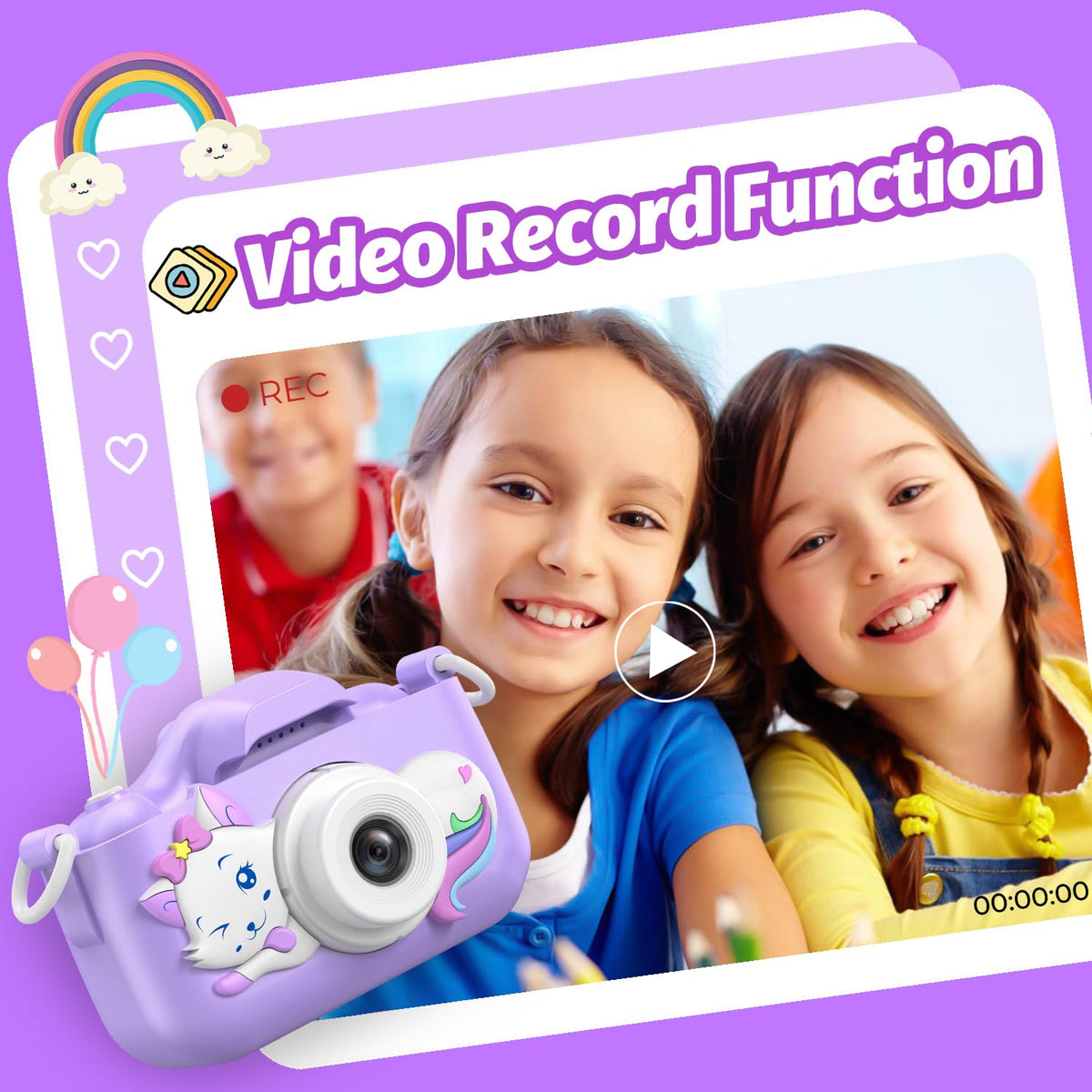 Goopow Kids Selfie Camera includes 32GB SD card for instant memory.