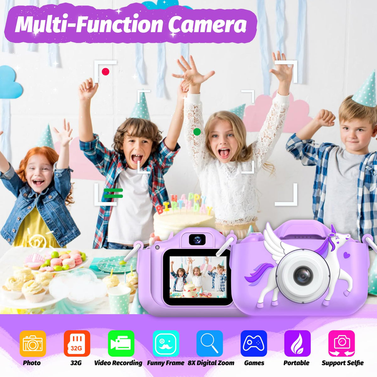 Goopow Kids Selfie Camera back view in purple shows compact, portable design.