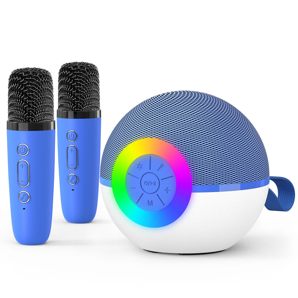 goopow mini karaoke blue 2mic front view for family sing-alongs