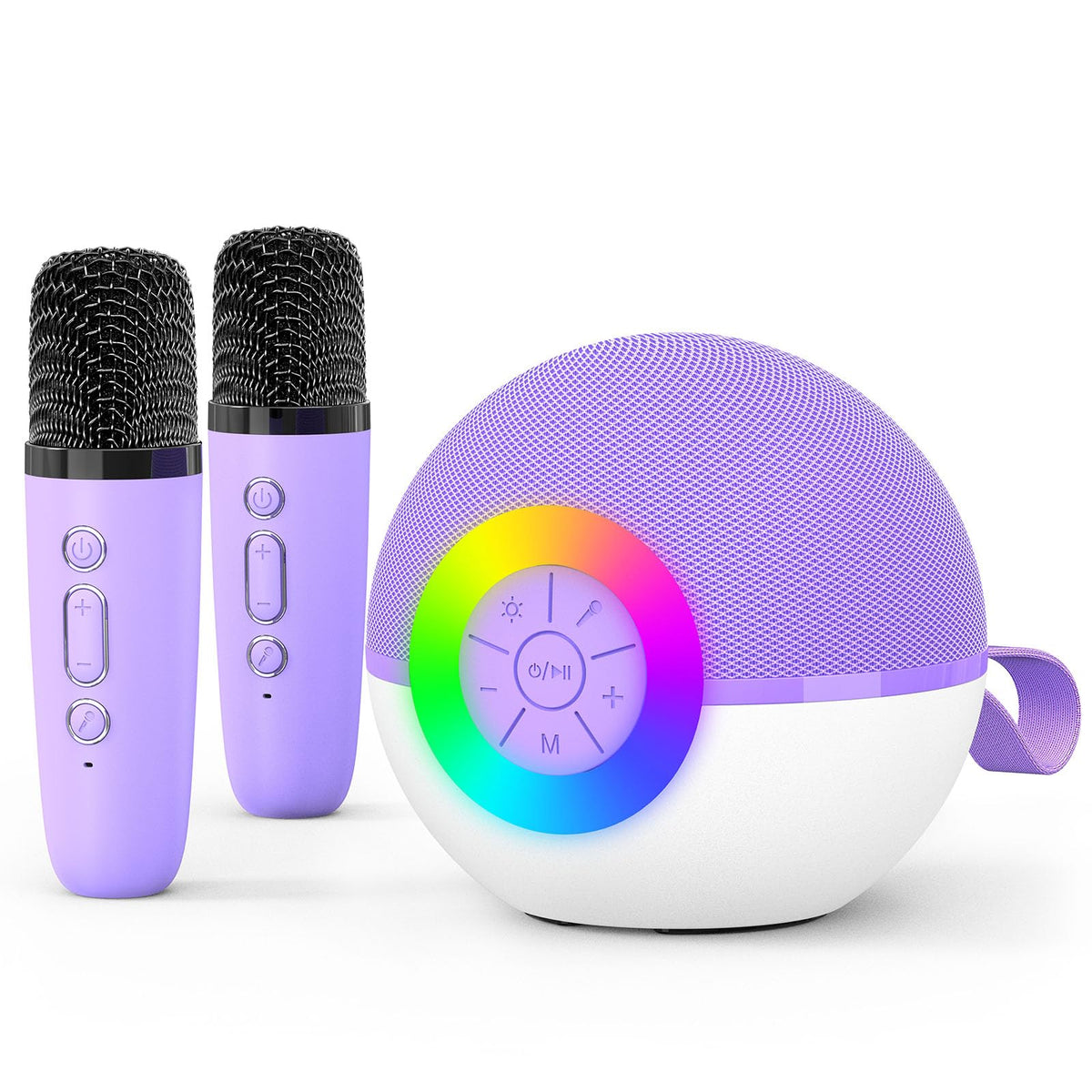 Goopow mini karaoke machine with two mics, front view for family sing-alongs.