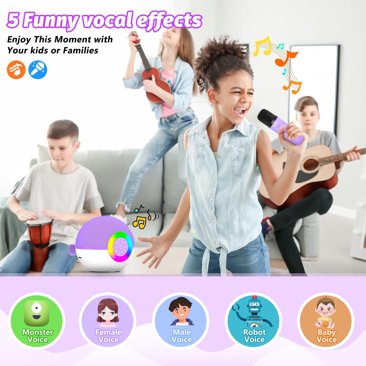Goopow LED lighting feature in purple enhances nighttime karaoke sessions.