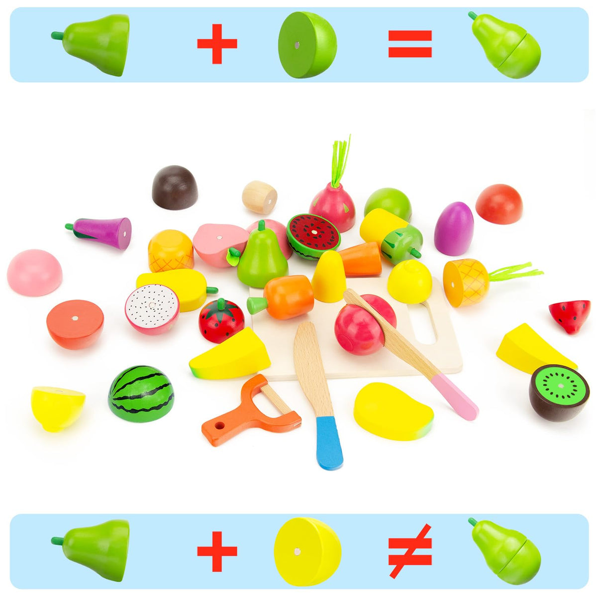 GOPLACS wooden cutting knife enables safe slice-and-serve pretend play.