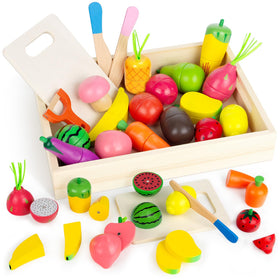 GOPLACS wooden play food mango for imaginative pretend cooking and hand-eye coordination.