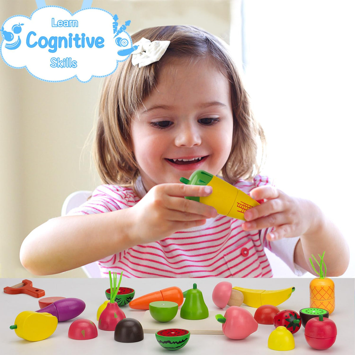 GOPLACS wooden play food orange enhances color learning and pretend cooking adventures.