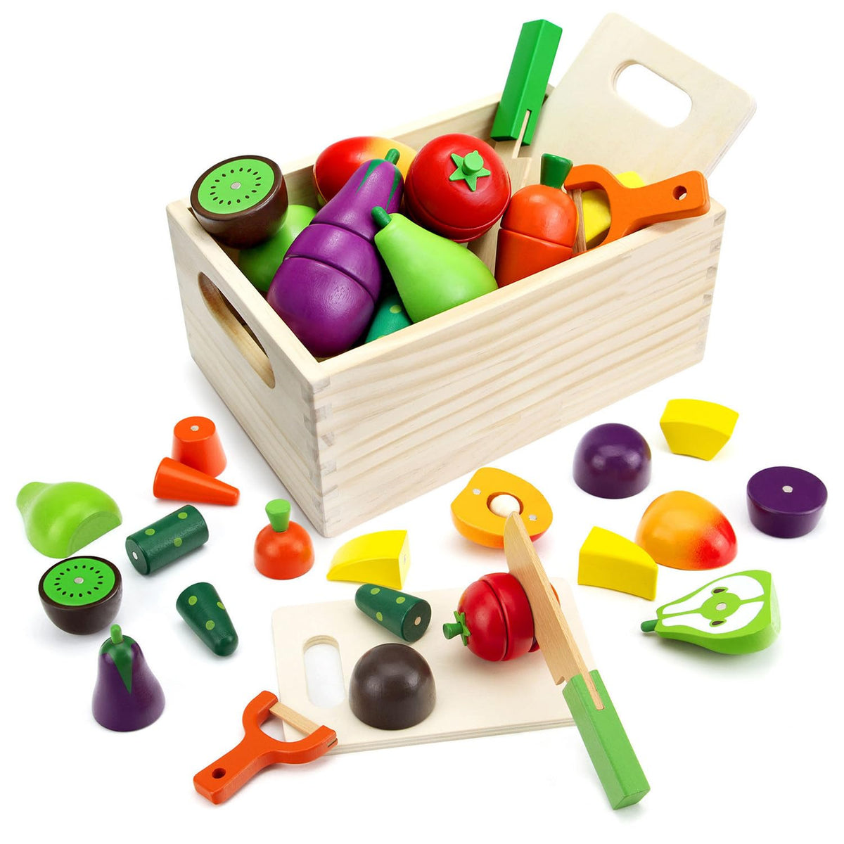 GOPLACS wooden play food set with fruit cutting for imaginative kitchen use.