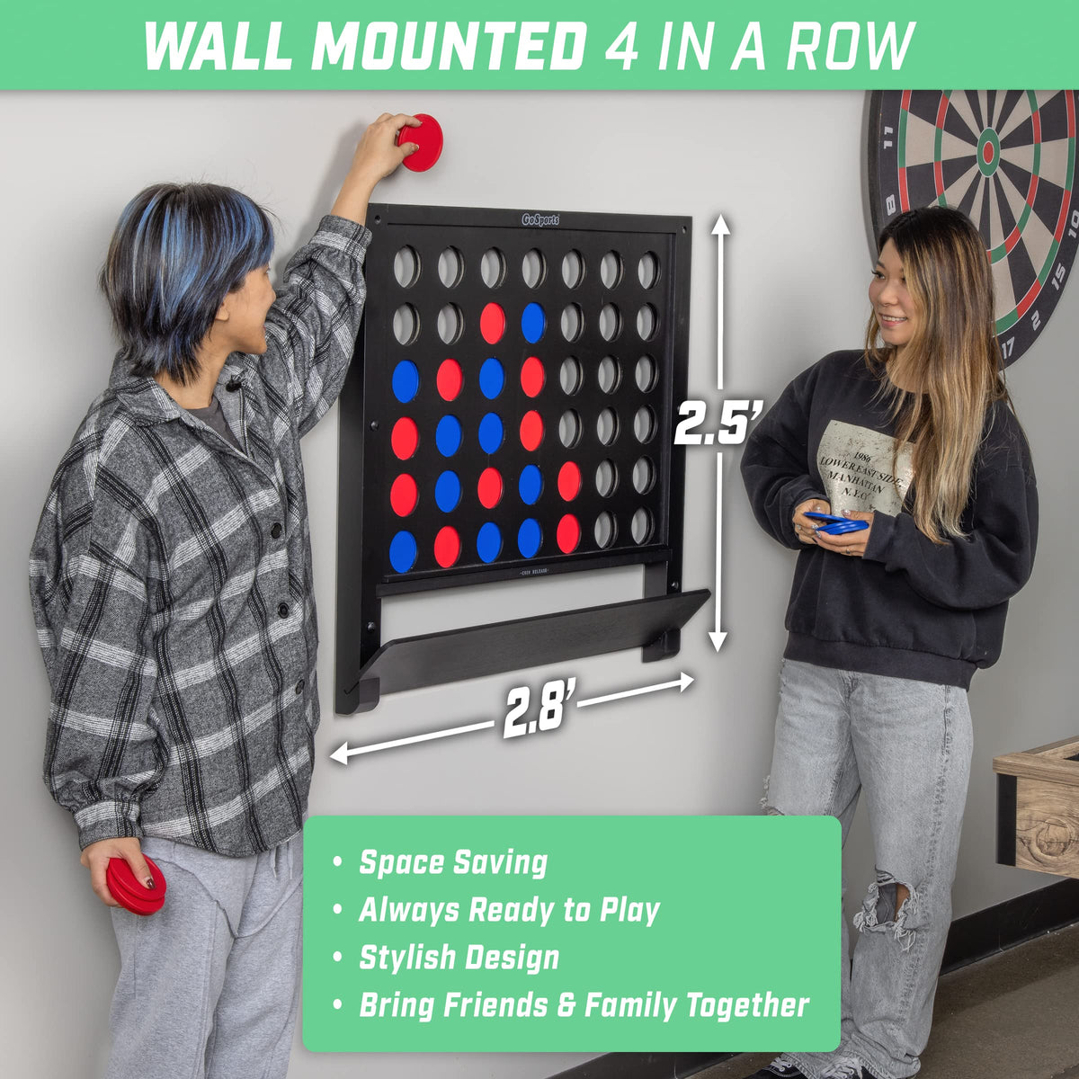 GoSports giant four-in-a-row coins shown on a durable board for endless play.