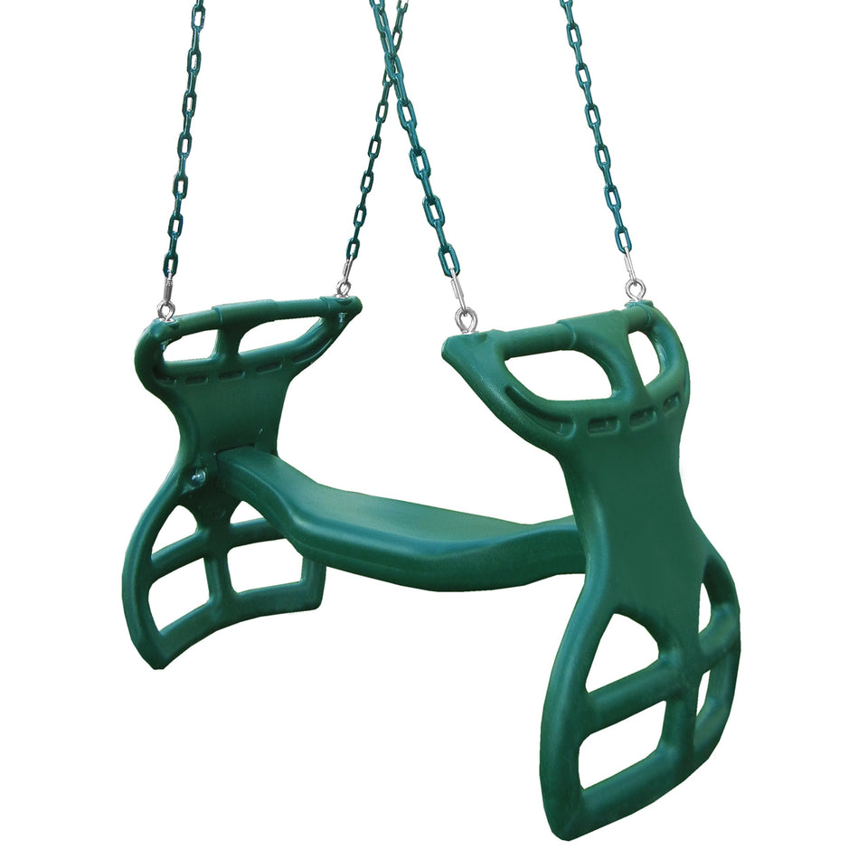 Gorilla Playsets dual-ride glider swing green, two kids enjoy tandem motion