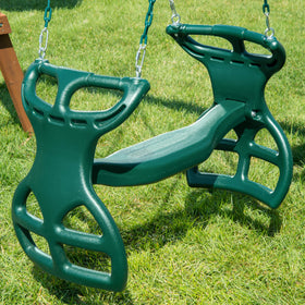Gorilla Playsets tandem-seat glider swing green, two-child sharing a ride