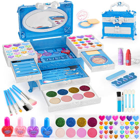 GORISPI Kids Makeup Set blue case with 66-in-1 kit for safe, washable pretend play