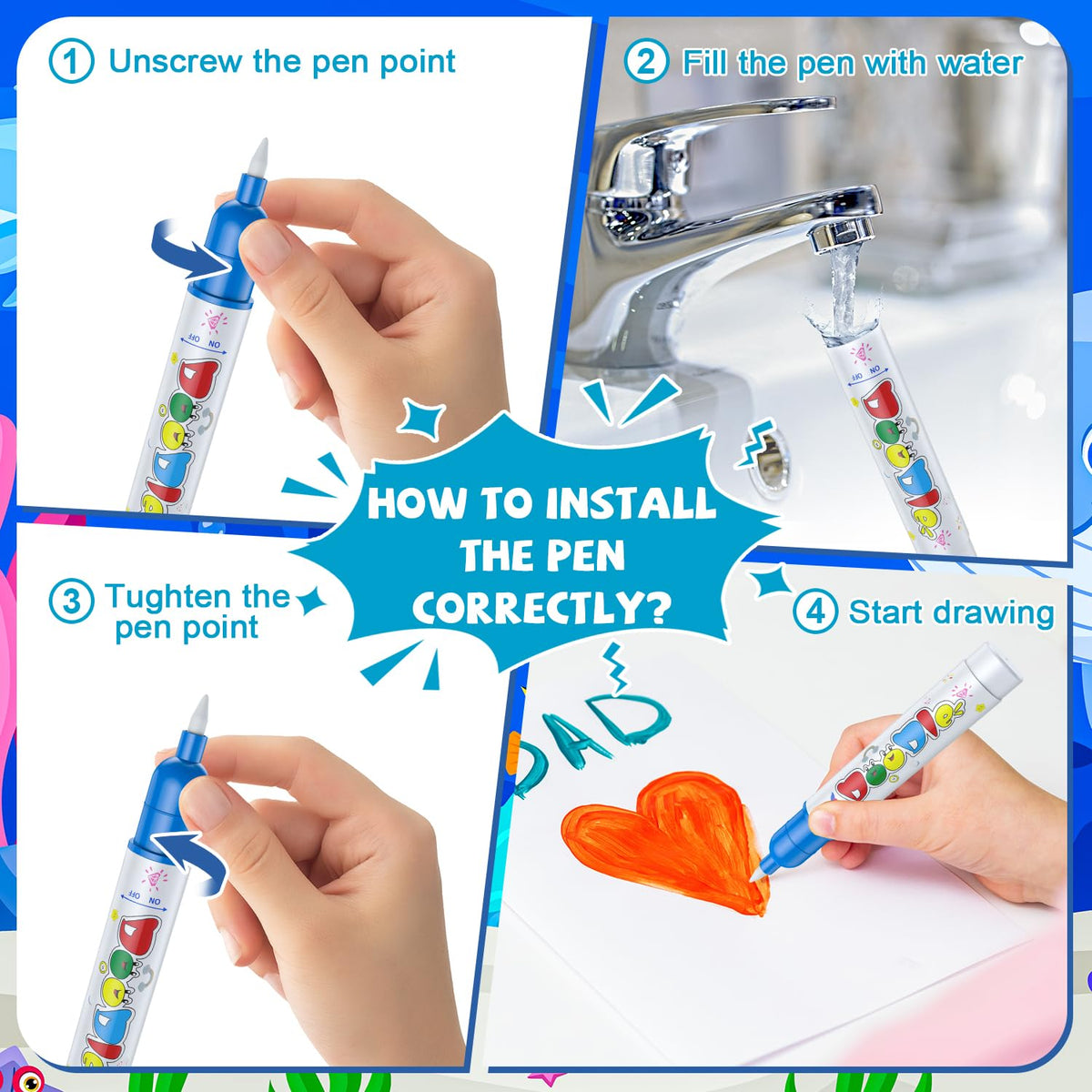 Gorispi Water Doodle Mat includes pens, templates, molds, and stamps for variety.