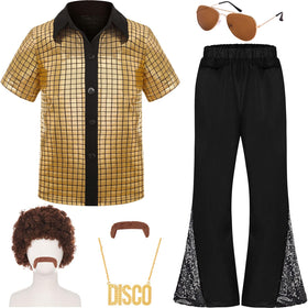 Gorkonpy 70s disco outfit front view highlights bold gold colors for standout party styling.