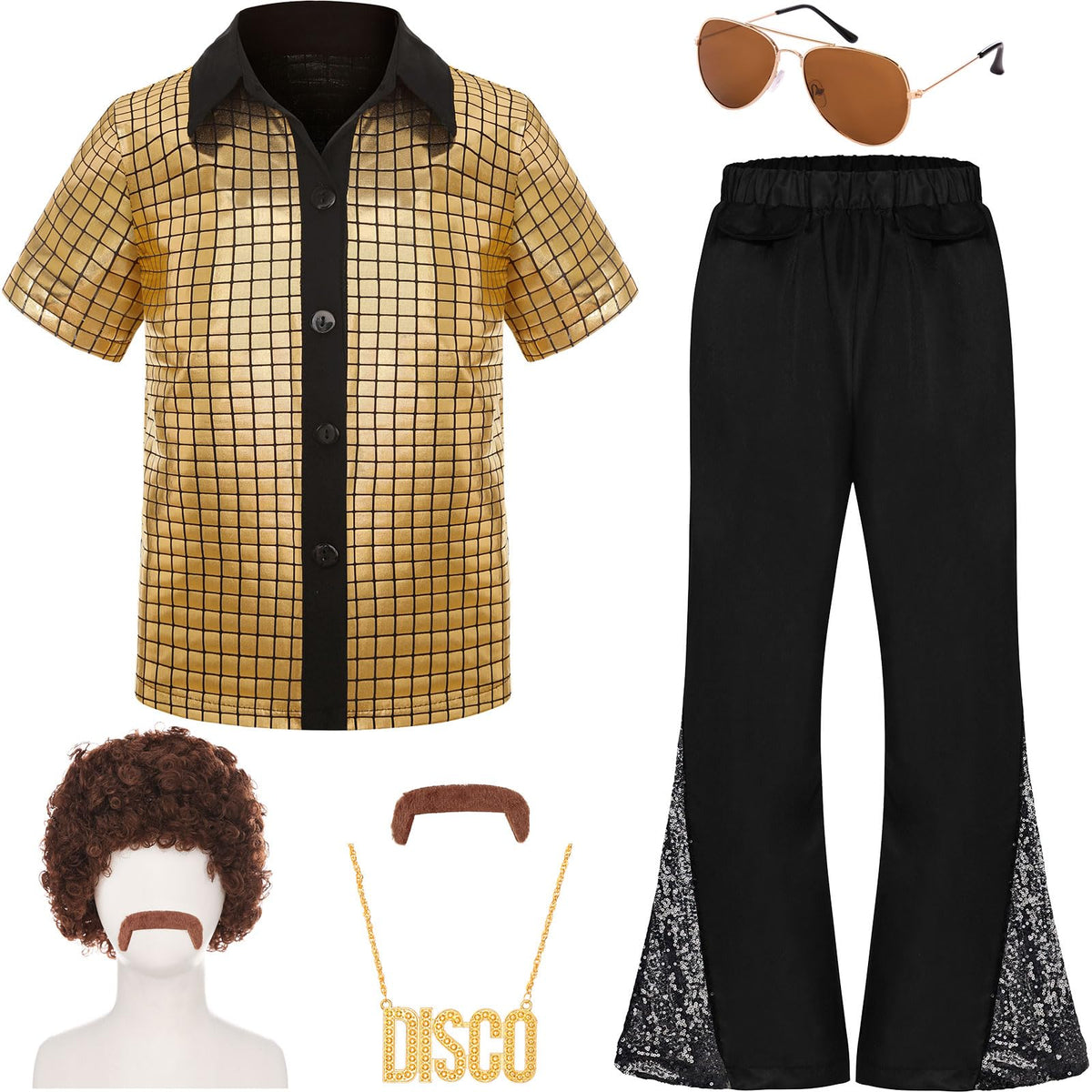 Gorkonpy complete 70s boys outfit set for festive retro Halloween celebrations.