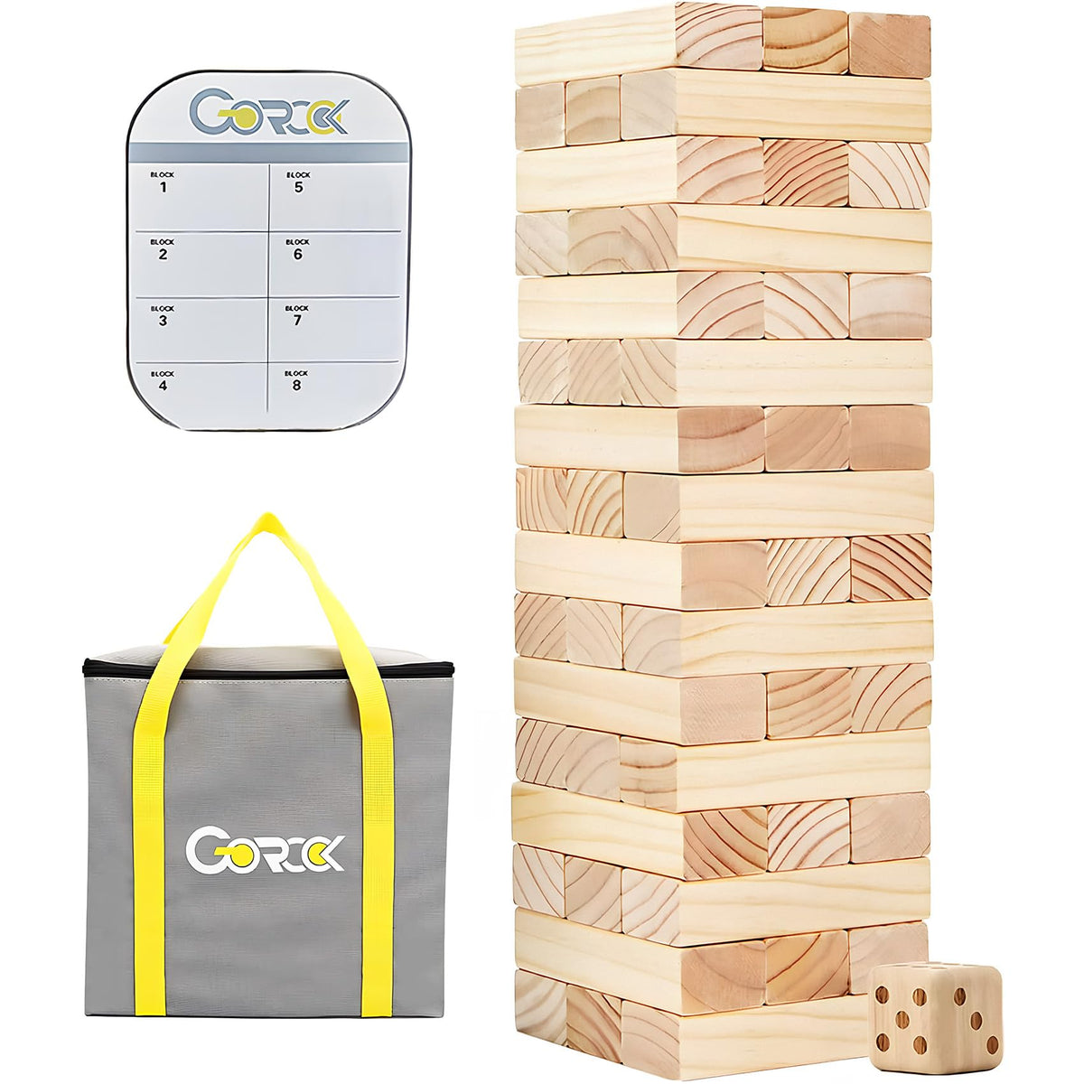 GOROCK Giant Tumbling Tower assembled in backyard for family fun and friendly competition.