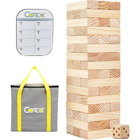 GOROCK Giant Tumbling Tower assembled in backyard for family fun and friendly competition.