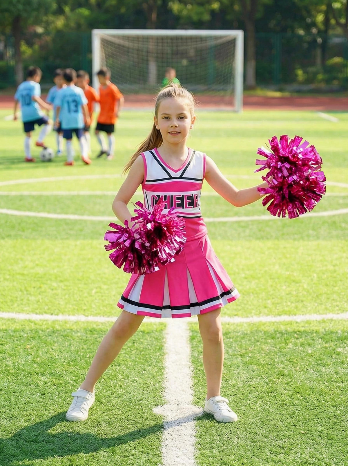 Gortykor cheerleader costume pink skirt, allows easy movement during active play