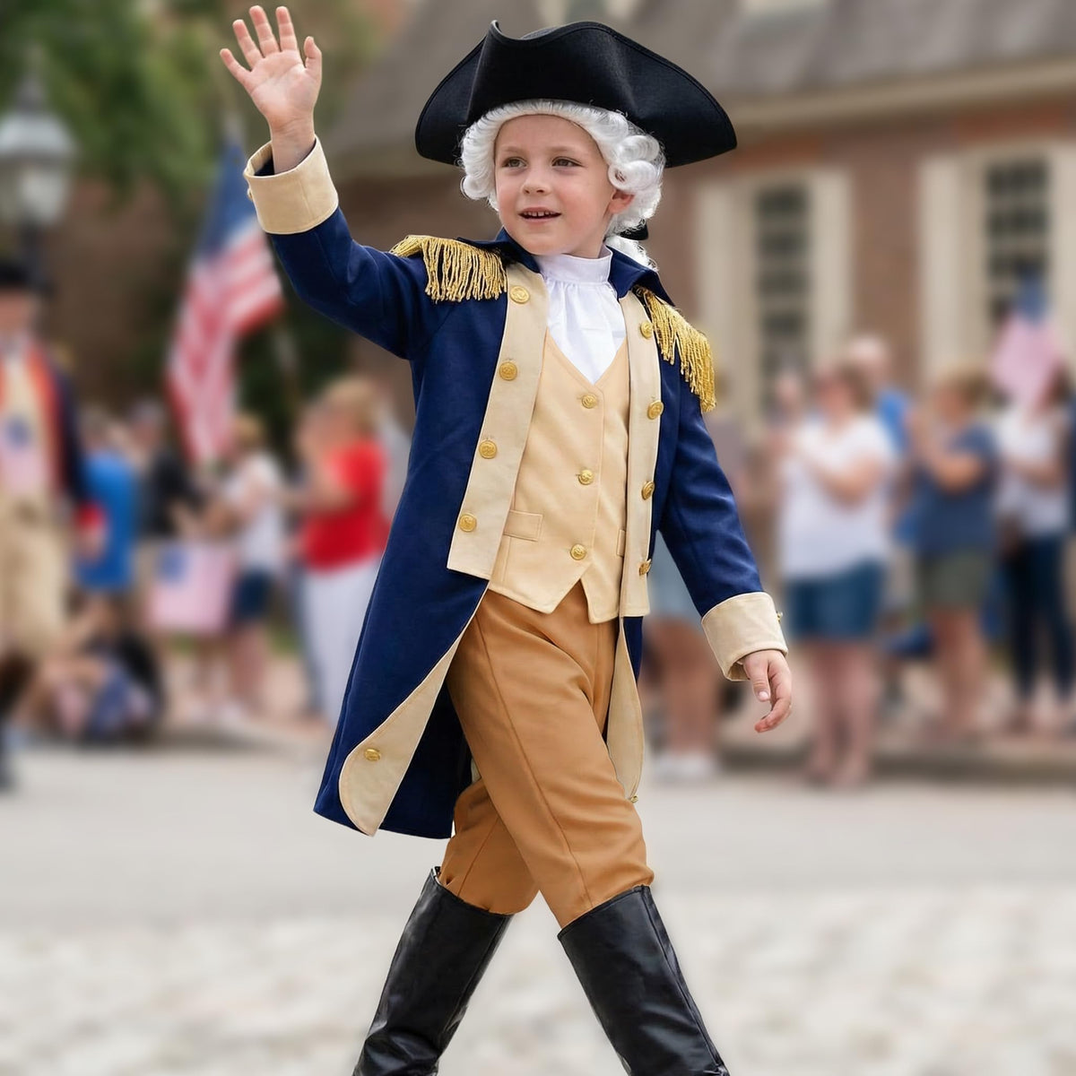 Gortykor Kids George Washington costume with blue coat enhances an authentic presidential look for school plays.