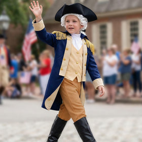 Gortykor Kids George Washington costume with blue coat enhances an authentic presidential look for school plays.