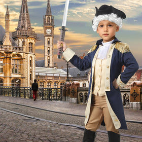 Gortykor Kids George Washington costume includes white wig, hat, and bow tie for complete character look.