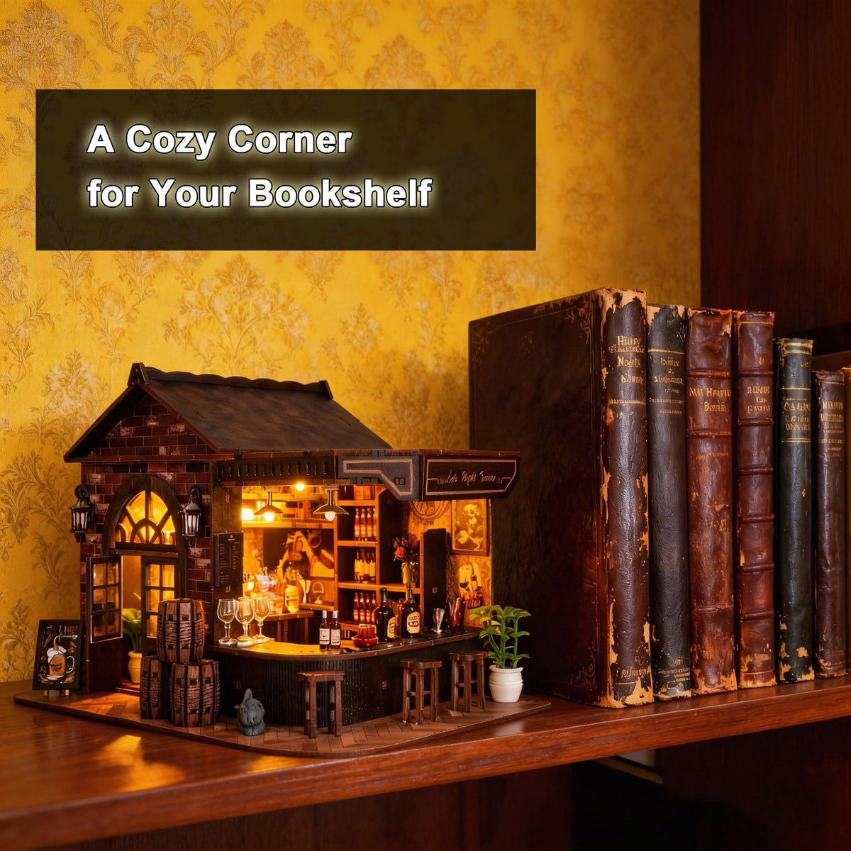 Gosikee Book Nook Kit LED lights add warm glow to the scene