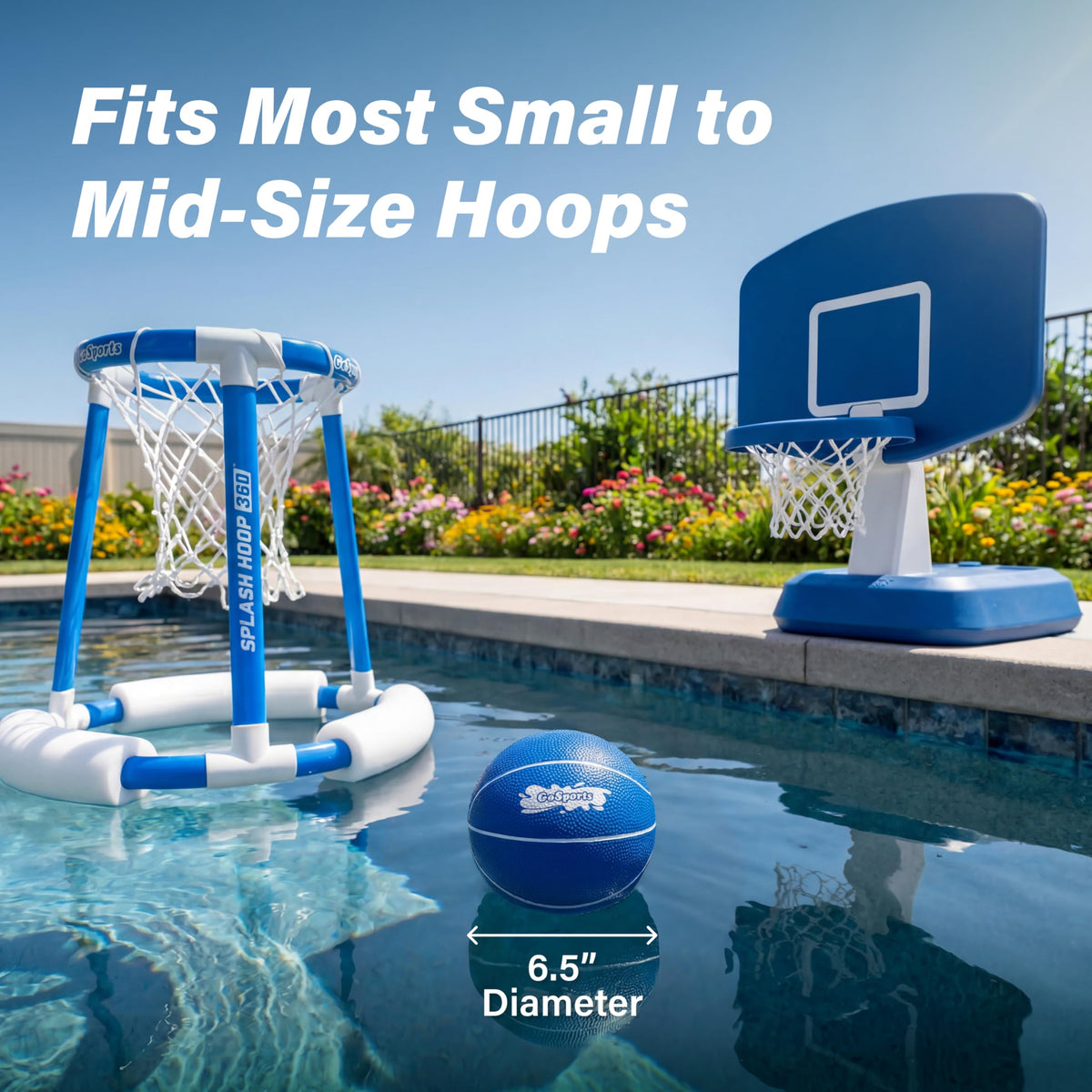GoSports water basketball compatible with Splash Hoop for easy pool court setups.