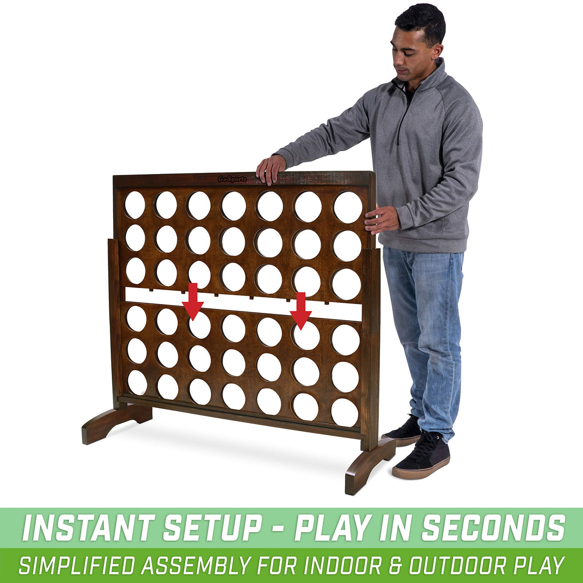 GoSports Giant 4-in-a-Row with dark wood finish enhances indoor and outdoor decor.