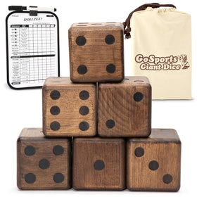 GoSports giant 3.5-inch dice ensemble showcases rustic stained wood for family game night.