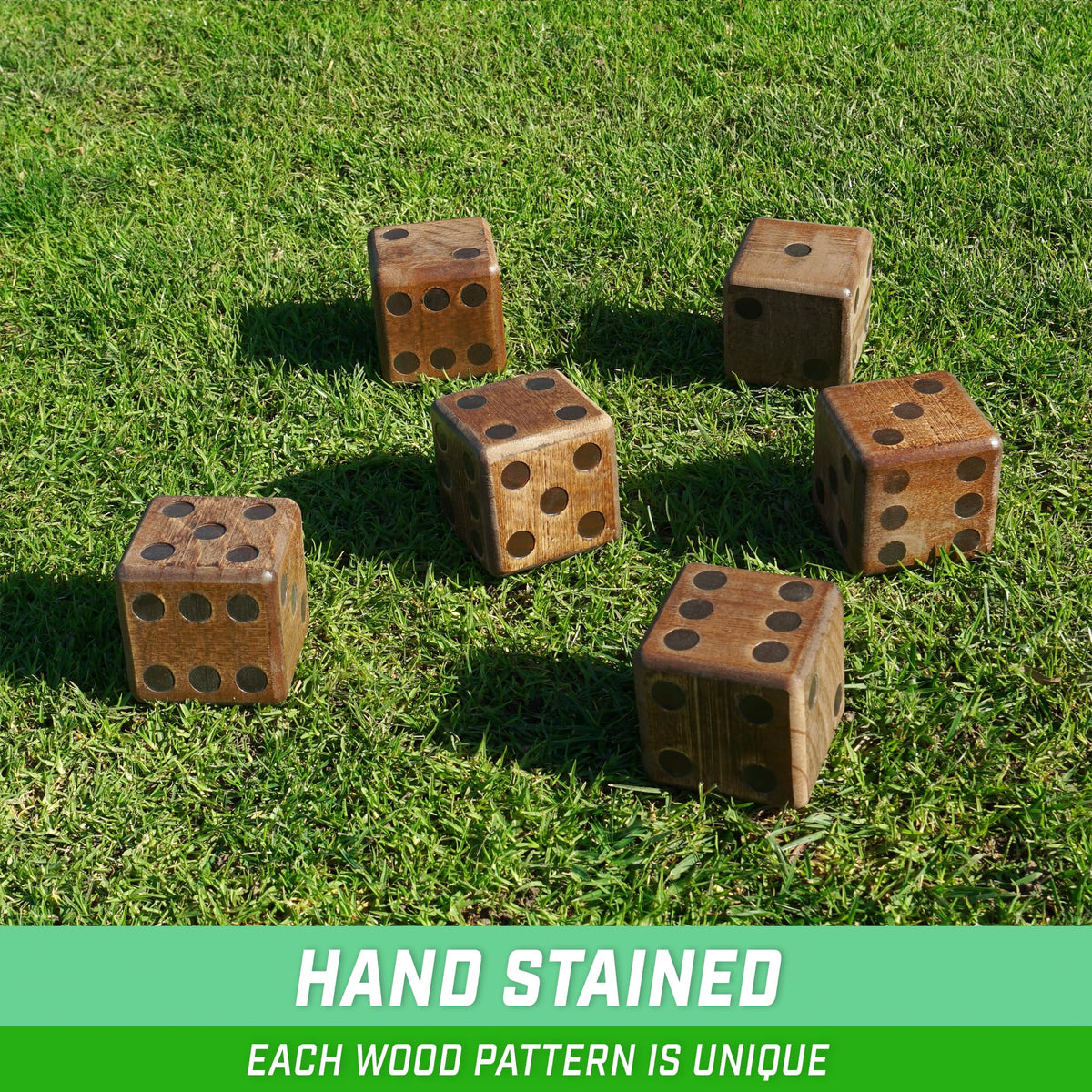 GoSports giant dice stained wood look enhances rustic game night atmosphere.