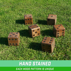 GoSports giant dice stained wood look enhances rustic game night atmosphere.