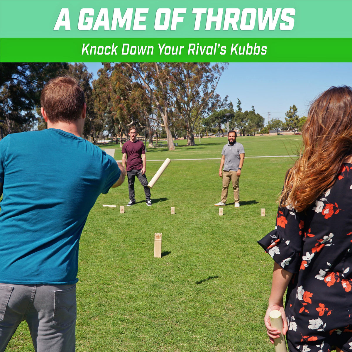GoSports Kubb Viking Clash batons in action for precise throws