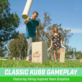 GoSports Kubb Viking Clash king piece ready for a decisive hit