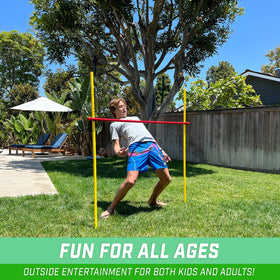 GoSports Limbo bar on sand showing stable play and safe height adjustments.