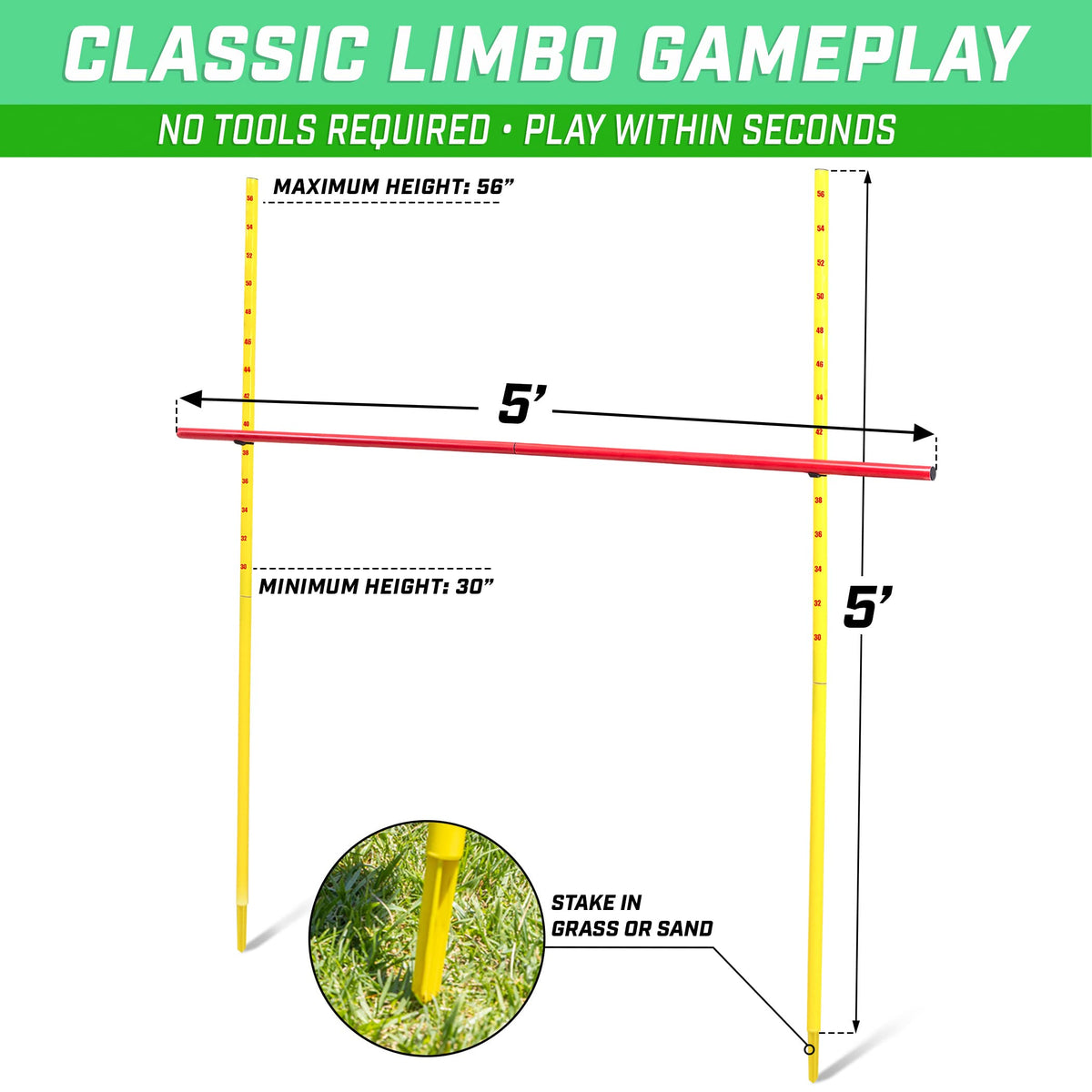 GoSports Lawn Limbo poles with height sliders adjusted from 30 to 56 inches.